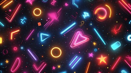 Poster - A vibrant abstract pattern with colorful neon shapes and designs against a dark background, creating a playful atmosphere.