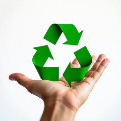 person s hand holding green recycle symbol white backdrop. High quality