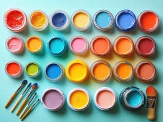 Many different colors of paint and brushes on a table