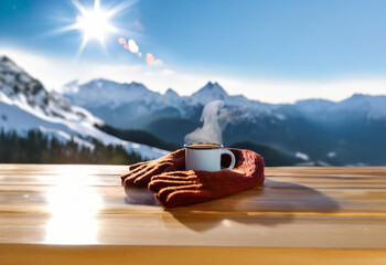 Poster - A steaming mug of hot beverage sits on a wooden table in front of a stunning mountain vista with a bright, shining sun overhead.
