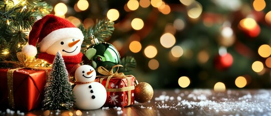 Wall Mural - Two snowmen sitting by a Christmas tree