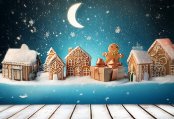 Poster - Gingerbread houses and a gingerbread man with a present stand on a snowy landscape with a crescent moon in the sky.
