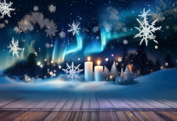 Sticker - A winter wonderland scene with snowy trees, a wooden plank, and a shimmering aurora borealis in the night sky.