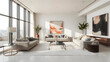 © Love AI - A sleek, open-concept living room with floor-to-ceiling windows, plush furniture, and abstract art, showcasing a serene modern luxury aesthetic.