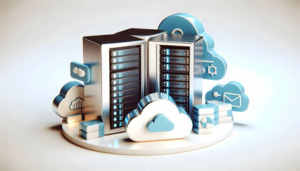 3D Glossy Server Racks Cloud Icons Concept Camera Captures Glossy Server Racks Cloud Icons Set Plain Background Copy Space Top Development Competence Cloud Infrastructure 3D Icon Isolated White Backgr