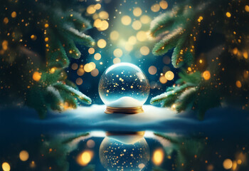 Poster - A snow globe sits on a snowy surface, framed by snow-covered evergreen branches, with warm, sparkling lights reflected in the water below.