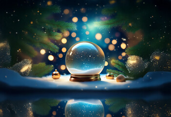 Poster - A snow globe sits in a snowy landscape surrounded by evergreen branches and shimmering lights.