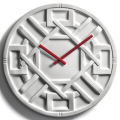 Poster - A contemporary wall clock features a geometric design with contrasting white and red colors. The clock is designed to complement modern interiors while serving its functional purpose.