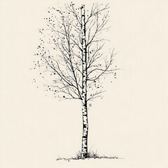 Poster - Hand-drawn illustration of a bare birch tree with a white trunk and branches.