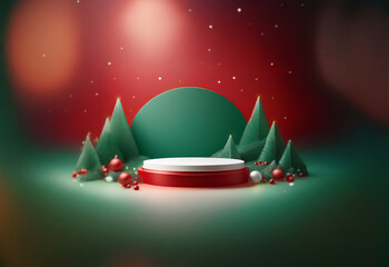 Wall Mural - A red and white podium sits in front of a green background with Christmas trees and ornaments, with a white circle at the top.