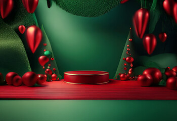 Sticker - A red podium sits in the center of a festive green and red scene. The backdrop features stylized Christmas trees, ornaments, and ribbons.