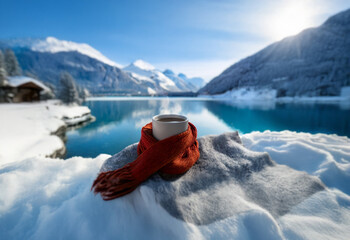 Poster - A cozy mug wrapped in a red scarf sits on a rock by a frozen lake in a snowy mountain valley. The sun shines brightly in the blue sky.