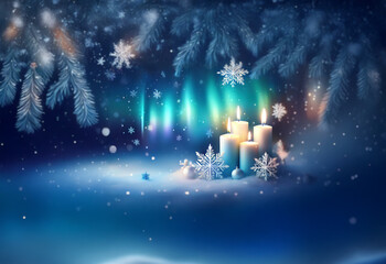 Canvas Print - A winter scene with candles in the foreground, snow, and a glowing aurora borealis in the background.