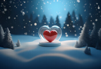 Wall Mural - A red heart sits inside a glass snow globe, surrounded by a snowy forest with falling snow.