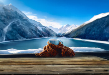Poster - A steaming cup of coffee sits on a wooden railing overlooking a serene mountain lake.
