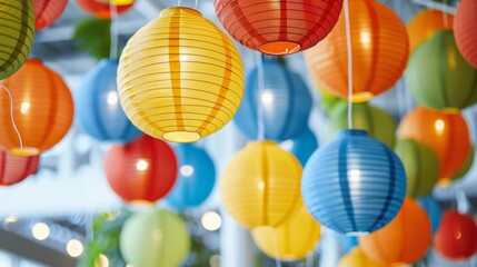 Round paper lanterns in a variety of bright colors are hanging from the ceiling, creating a festive and cheerful atmosphere