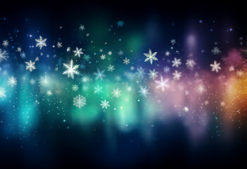 Sticker - A dark background with streaks of blue, green, purple, and orange hues, interspersed with snowflakes.