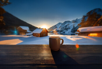 Poster - A warm mug sits on a wooden railing overlooking a snowy mountain vista with a sunset over a frozen lake.