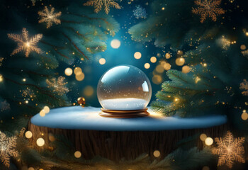 Poster - A snow globe sits on a snow-covered tree stump with twinkling lights and snowflakes in the background.