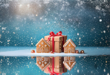 Poster - A large gift box with a red ribbon sits between two gingerbread houses surrounded by snow on a blue reflective surface.