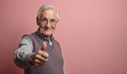 Cheerful elderly man giving thumbs up against pink background with copy space