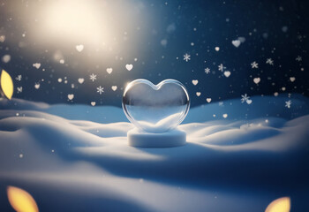 Poster - A glass heart snow globe sits on a snowy surface, surrounded by falling snowflakes and a warm light in the background.