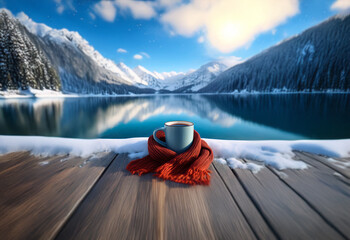 Poster - A warm cup of coffee rests on a wooden dock in the snowy landscape of a mountain lake.