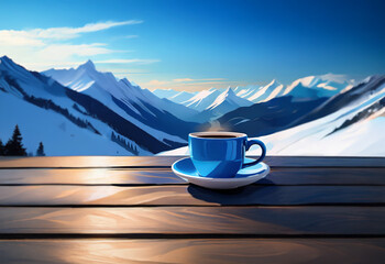 Poster - A steaming cup of coffee sits on a wooden table overlooking a breathtaking snowy mountain vista at sunrise.