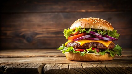 Fresh hamburger and beer on wooden table