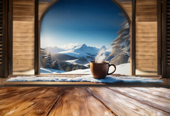 Poster - A steaming cup of coffee sits on a wooden windowsill overlooking a snowy mountain range.