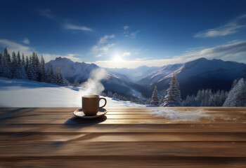 Poster - A steaming cup of coffee rests on a wooden table overlooking a snow-covered mountain landscape at sunrise.