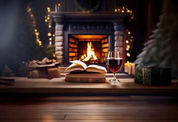 Poster - A cozy fireplace with a roaring fire, a glass of red wine, a stack of books, and Christmas decorations.