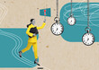 © New Africa - Businesswoman with warning sign running towards hanging pocket watches. Time management, creative collage