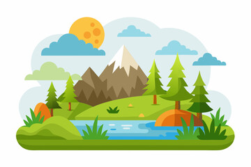 Sticker - Vector Illustration of a river landscape with mountain views