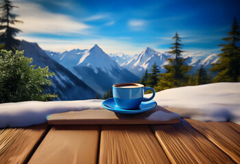 Poster - A blue coffee cup sits on a wooden table with a snowy mountain landscape in the background.