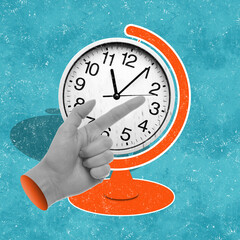 Wall Mural - Female hand pointing at clock globe on color background. Creative time related collage