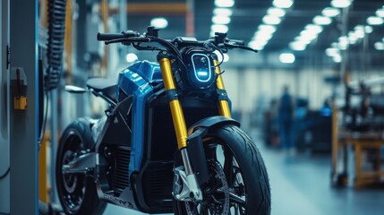 Wall Mural - Electric motorbike production facility crafting high-performance electric bikes with cutting-edge technology.