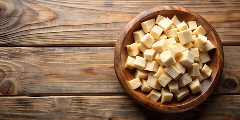 Poster - Fresh parsnip pieces in bowl on chopping board with whole parsnips, symmetrical