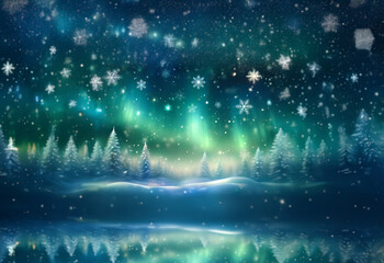 Wall Mural - A magical winter scene with a snowy forest, a reflection in the foreground, and a vibrant aurora borealis in the night sky.