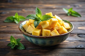 Wall Mural - Fresh pineapple chunks with mint leaves