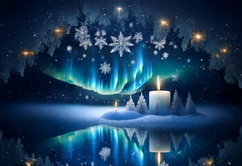 Poster - A single white candle burns brightly in a snowy landscape beneath a vibrant aurora borealis.
