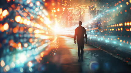 human silhouette walking on path illuminated by glowing ideas, surrounded by vibrant lights and cityscape in background, evokes sense of inspiration and exploration