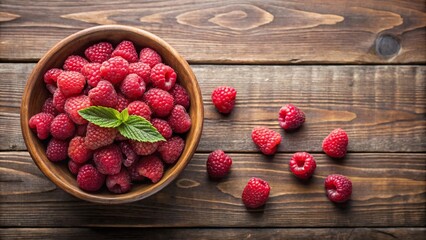 Wall Mural - Fresh raspberries in a bowl on wood background