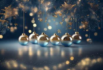 Poster - A row of six blue and gold Christmas ornaments hang from strings in front of a dark blue background with gold stars and bokeh lights.