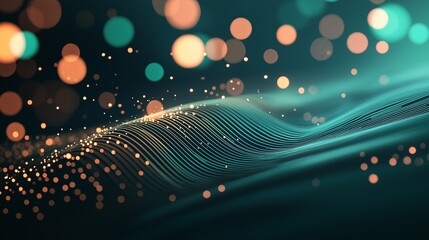 Poster - Abstract Digital Landscape:  A mesmerizing, abstract landscape with teal and gold hues.  The image features a wave of shimmering particles against a backdrop of glowing bokeh circles.