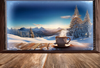 Poster - A steaming cup of coffee sits on a wooden windowsill overlooking a snowy mountain landscape at sunrise.