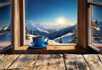 Poster - A blue cup of tea sits on a windowsill overlooking a snow-capped mountain range with a bright sun rising above the peaks.