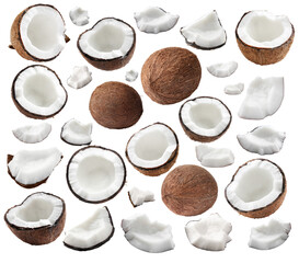 Poster - Coconuts isolated on white, collage. Whole and pieces