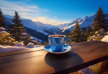 Poster - A steaming cup of coffee sits on a wooden table with a picturesque mountain view in the background.