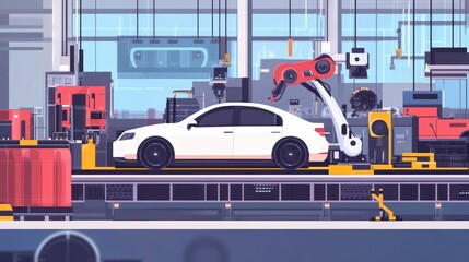 Wall Mural - High-tech automotive plant with innovative machinery and robots working on various stages of car production.